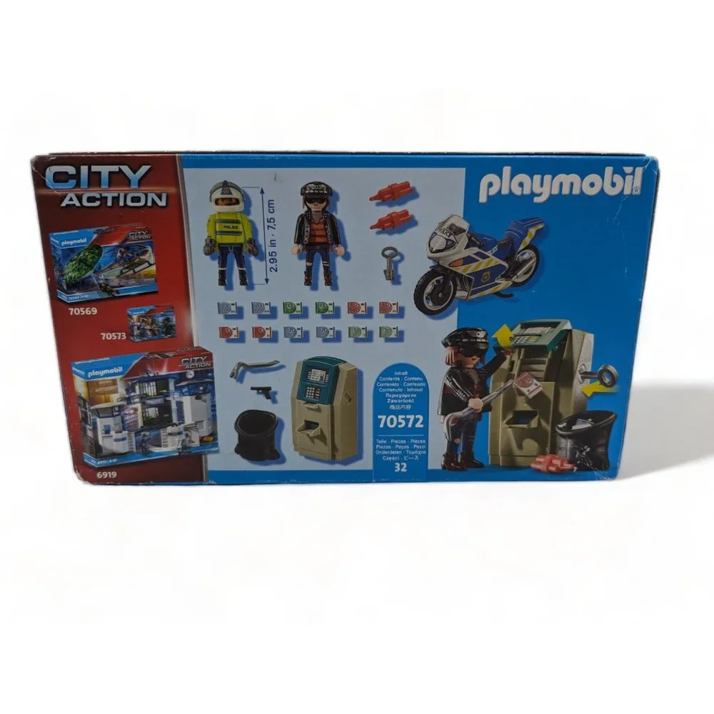 Playmobil City Action Bank Robber Chase Building Set 70572 Motorcycle ATM 32 Pcs